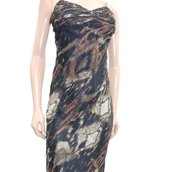 Y2K LE CHATEAU Brown Animal Print Maxi Slip Dress Beaded Bodice XS - Picture 6 of 8